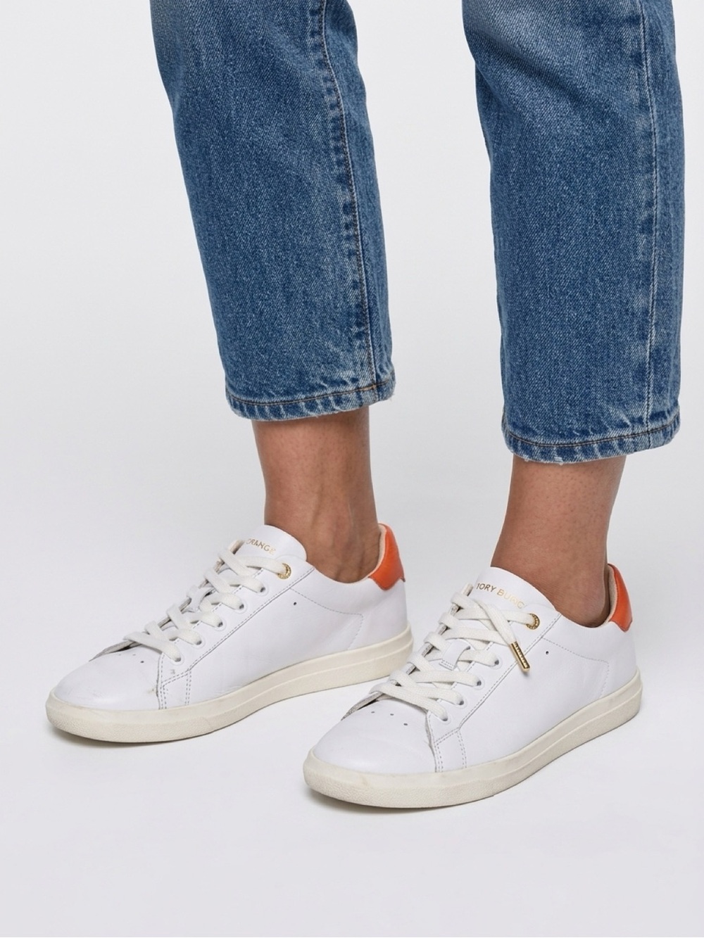 Tory Burch Howell White Sneakers Orange Patent Back Size 7 Medium